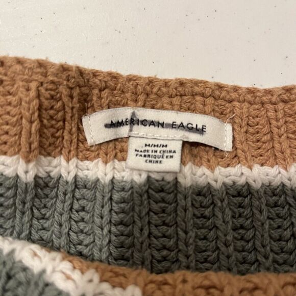 American Eagle Sweater Womens Medium Cropped Oversized Green/Tan/White Knit - Picture 10 of 11